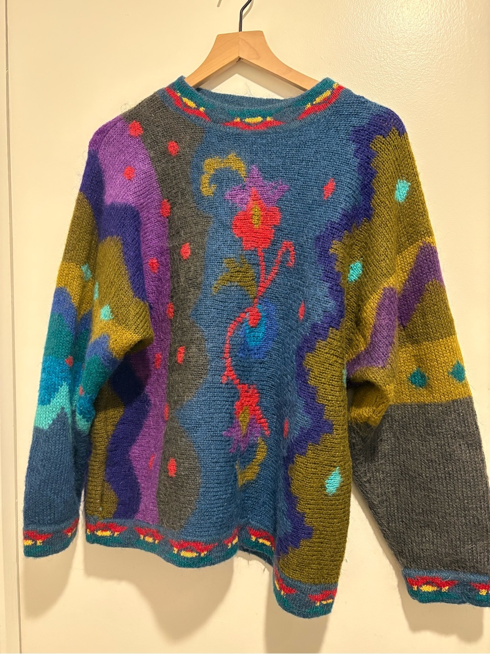 Vintage MarieaKimWool Blend Wearable Art Floral Colorblock Sweater M